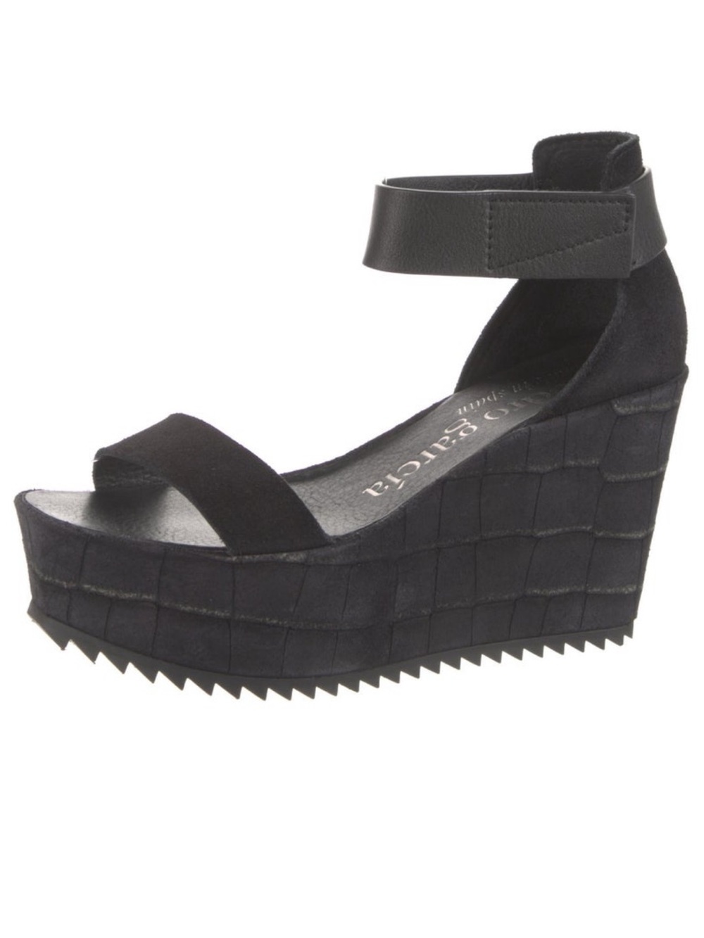 Pedro Garcia Black Suede Croc-Textured Platform Wedge Sandal. Made in Spain.